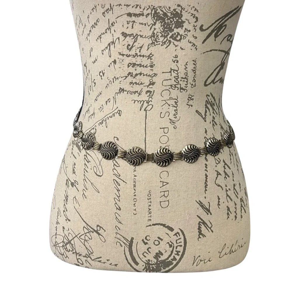 VTG‎ Waist Belt Antique Silver Tone Metal Swirls Boho Western 28” 70’s Classic